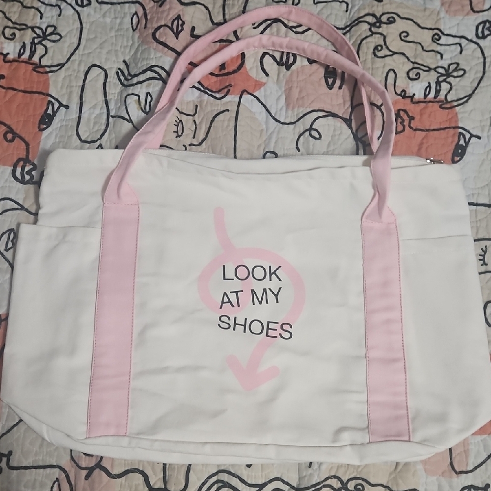 White & Pink 'Look At My Shoes' Tote Bag